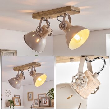 Sand-coloured Scandinavian Wooden Ceiling Spotlight Orny, 2-light, rotatable heads
