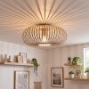 Round Scandinavian ceiling light Oravi with sand-coloured ribbed metal cage shade