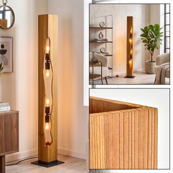 Scandinavian floor lamp Sernadelo, Ecru fir-wood column with wavy cutout, four E27 sockets