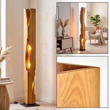 Boho floor lamp Sernadelo with sculptural Ecru wooden column and wave-shaped openings