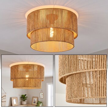Boho Style Ceiling Light Tamir, Brown fixture with Two-Tier Ecru Rope Shade, E27 Socket