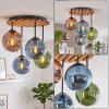 Cluster ceiling light Gastor with wood slats and blue, green and coppery glass shades