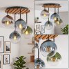 Cluster ceiling light Gastor with four blue glass shades and wood slat canopy