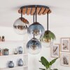 Cluster ceiling light Gastor with four blue glass shades and wood slat canopy