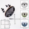Cluster ceiling light Gastor with four blue glass shades and wood slat canopy