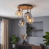 Cluster ceiling light Gastor with wood slats, four glass shades in amber, smoke, clear