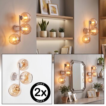 Retro Wall Light Koyoto with three vertically arranged amber glass shades, 2-piece set