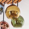 Cluster Ceiling Light Koyoto with 4 gold and blue glass shades, round wood-slat canopy