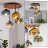 Cluster ceiling light Koyoto with four colourful shades and wooden slat canopy