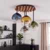 Cluster ceiling light Koyoto with four colourful shades and wooden slat canopy