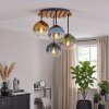 Cluster ceiling light Koyoto with 4 colourful glass shades and wooden slat canopy