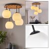 Modern cluster ceiling light Koyoto with 4 white glass shades and Ecru wood slat canopy