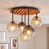 Cluster ceiling light Koyoto with wooden slats and glass shades in amber and smoke-coloured