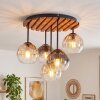 Cluster ceiling light Koyoto with wooden slats and glass shades in amber and smoke-coloured