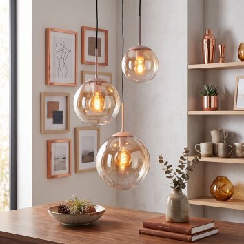 Cluster pendant light Gastor with round amber and clear glass shades, 3-light