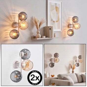 Globe wall light Koyoto, 2-piece set with three clustered smoke and amber glass shades