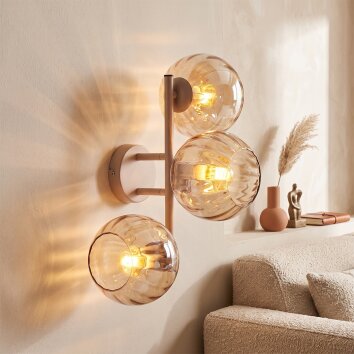 Cluster wall light Koyoto with three amber glass shades, modern sand-coloured frame