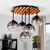 Modern cluster ceiling light Koyoto with wooden slat panel and five smoke glass shades