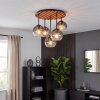 Modern cluster ceiling light Koyoto with wooden slat panel and five smoke glass shades