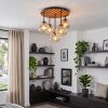Cluster ceiling light Ripoll, wooden slat canopy, 5 amber glass shades over the dining table