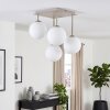Modern cluster ceiling light Gastor with four white glass shades and sand-coloured frame
