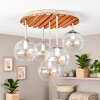 Cluster ceiling light Koyoto, Boho-style sand-coloured wooden canopy, clear glass shades
