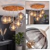 Modern Cluster Ceiling Light Koyoto with Slatted Wood Panel, 5 Smoke-Coloured Glass Shades