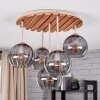 Modern Cluster Ceiling Light Koyoto with Slatted Wood Panel, 5 Smoke-Coloured Glass Shades