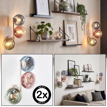 Modern Globe wall light Gastor, 2-piece set with blue, green and coppery glass shades