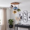 Boho Style cluster ceiling light Koyoto with 4 colourful glass shades and wooden slats