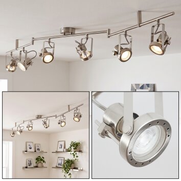 Industrial 6-light ceiling spotlight Lorik, linear bar, matt nickel with rotatable heads