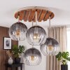 Boho Cluster Ceiling Light Koyoto with wood slat canopy, 4 smoked and clear glass shades