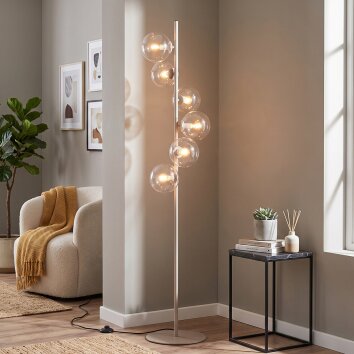 Modern Floor lamp Gastor with six clustered clear glass shades, sand-coloured