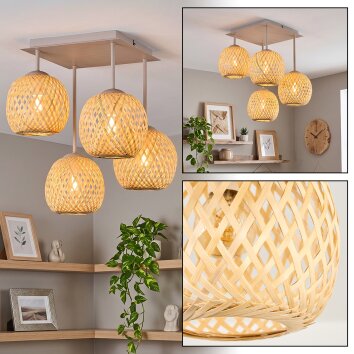 Boho cluster ceiling light Basto with four round bamboo lattice shades in Ecru