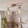 Modern curved-bar ceiling light Ripoll with two clear glass shades and E14 sockets