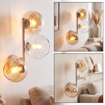 Modern 3-globe wall light Koyoto with amber and clear round glass shades