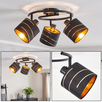 Modern Cluster Ceiling Light Alsen with three rotating black shades and gold stripes
