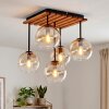 Modern cluster ceiling light Koyoto, wooden slat canopy, 5 clear amber glass shades