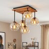 Modern cluster ceiling light Koyoto, wooden slat canopy, 5 clear amber glass shades