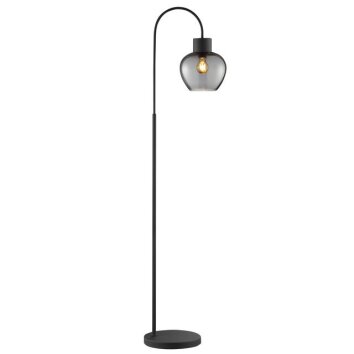 Brilliant Leuchten Arched floor lamp Ligari, curved arm, smoke-glass shade beside sofa
