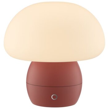 Brilliant LED Table Lamp Dupos, white mushroom shade, red base, 2700 Kelvin warm white